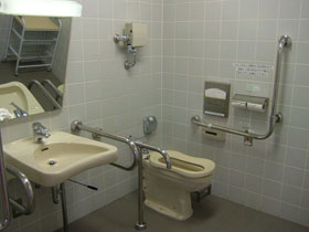 身障者用トイレ内　洗面台と便器の画像　クリック・Enterで拡大
